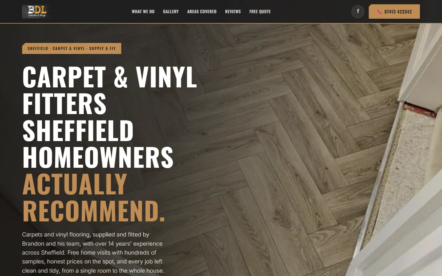 The BDL Carpets & Vinyl homepage on a laptop, headed: Carpet & vinyl fitters Sheffield homeowners actually recommend.