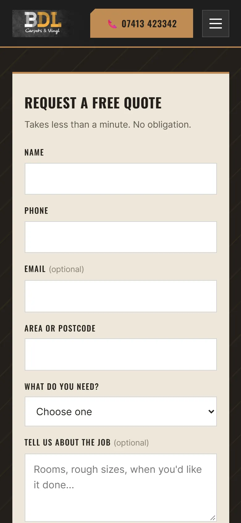 BDL's Request a free quote form on a phone: name, phone, email, area and the job needed.