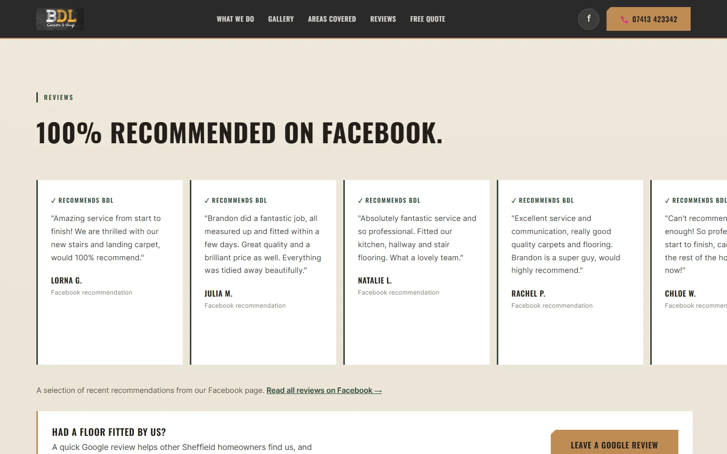 BDL's reviews section: 100% recommended on Facebook, with customer quotes and a button to leave a Google review.